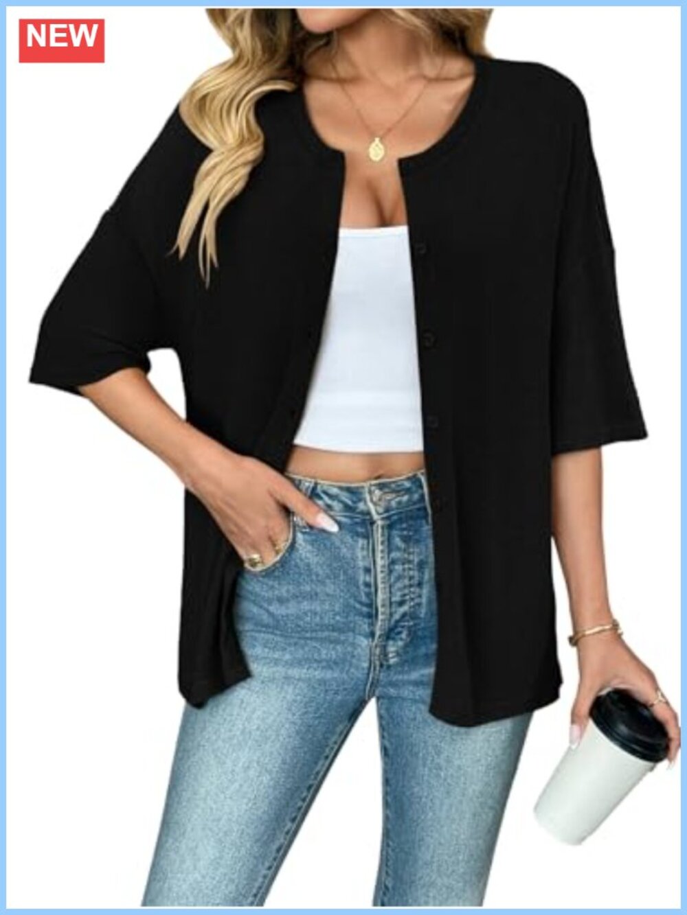 Women Oversized Knit Cardigan Short Sleeve Button Down Crew Neck Lightweight